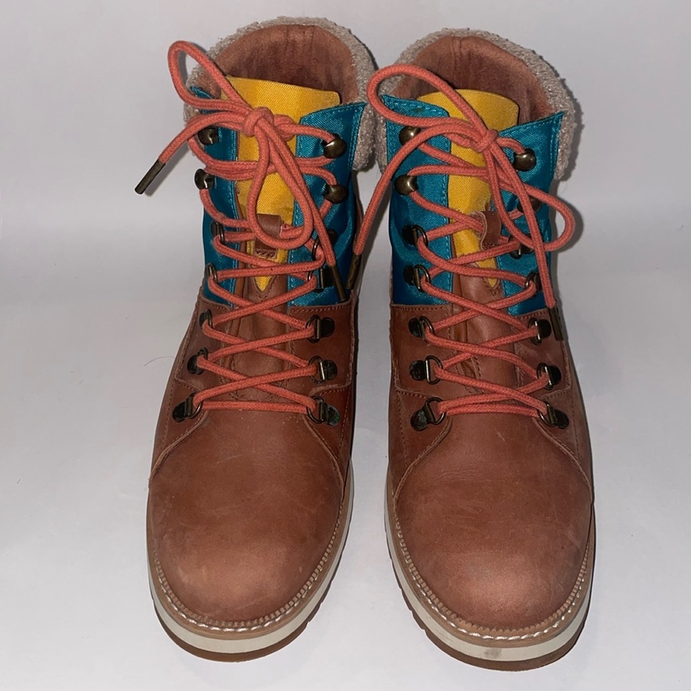 Tom’s Sherpa cuff boot teal, mustard and terracotta orange accents